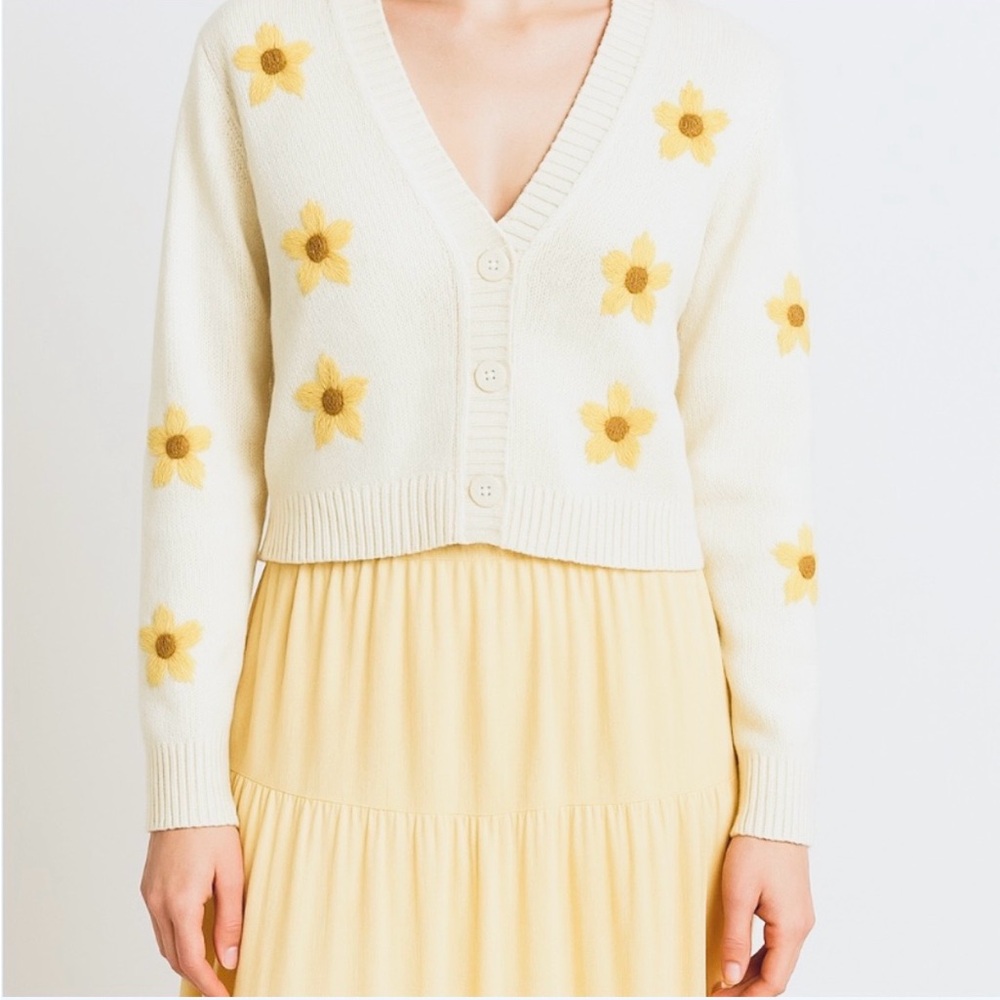 Jessica Simpson White Floral Cropped V-Neck Cardigan Sweater Small